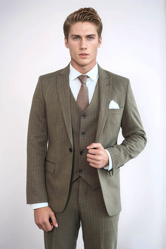 Men's Hickory Brown Pinstripe 3-Piece Slim Fit Suit