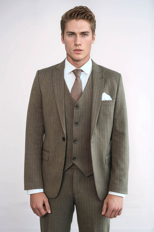 Men's Hickory Brown Pinstripe 3-Piece Slim Fit Suit