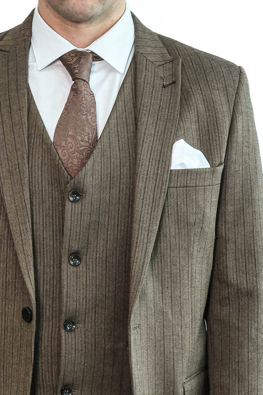Men's Hickory Brown Pinstripe 3-Piece Slim Fit Suit