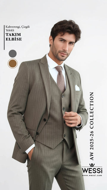 Men's Hickory Brown Pinstripe 3-Piece Slim Fit Suit