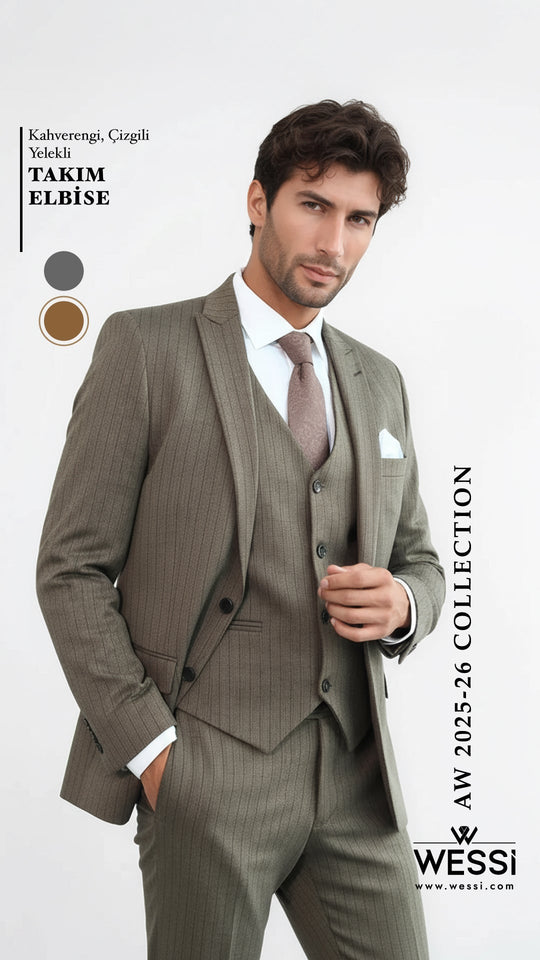 Men's Hickory Brown Pinstripe 3-Piece Slim Fit Suit