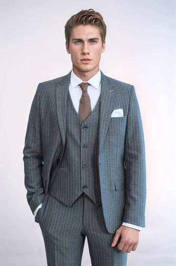 Men's Charcoal Anthracite Pinstripe 3-Piece Slim Fit Suit