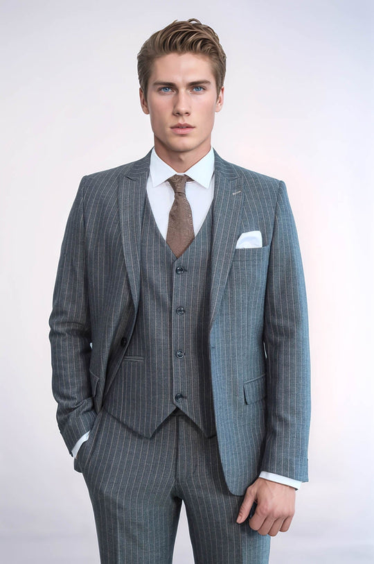 Men's Charcoal Anthracite Pinstripe 3-Piece Slim Fit Suit