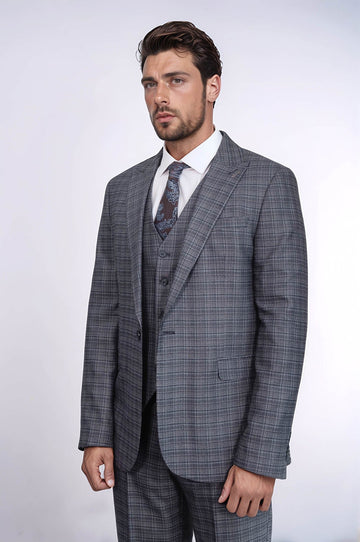 Navy Blue Slim Fit Patterned 3-Piece Vested Suit | Wessi