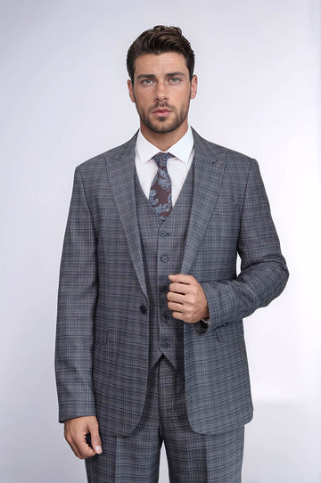 Navy Blue Slim Fit Patterned 3-Piece Vested Suit | Wessi