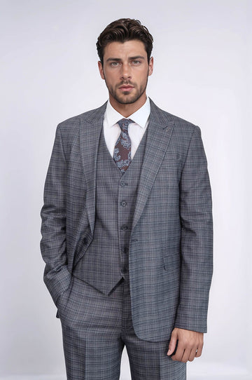 Navy Blue Slim Fit Patterned 3-Piece Vested Suit | Wessi