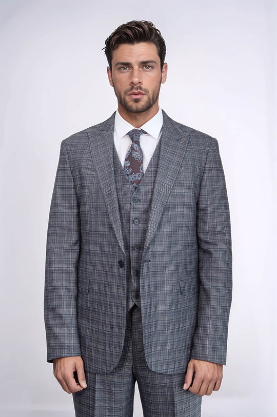 Navy Blue Slim Fit Patterned 3-Piece Vested Suit | Wessi