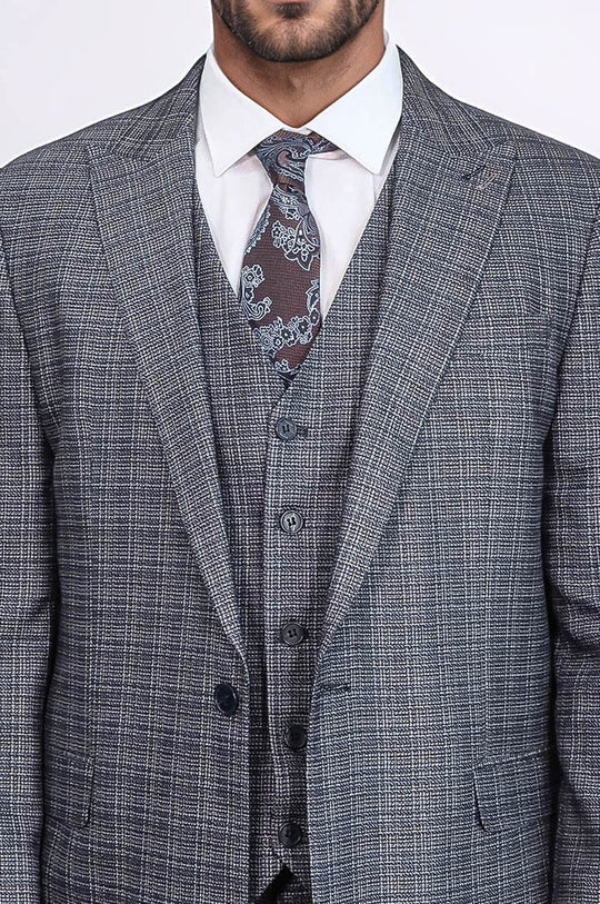 Navy Blue Slim Fit Patterned 3-Piece Vested Suit | Wessi