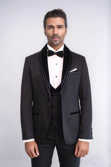 Black 3-Piece Velvet Shawl Collar Tuxedo | Wessi