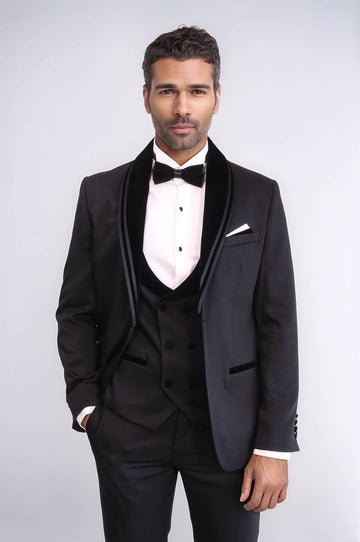 Black 3-Piece Velvet Shawl Collar Tuxedo | Wessi