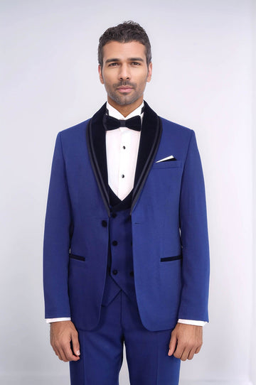 Title 3 Piece Trim Detailed Self-Patterned Velvet Shawl Collar Royal Blue Men's Tuxedo - Wessi