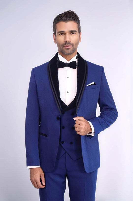 Title 3 Piece Trim Detailed Self-Patterned Velvet Shawl Collar Royal Blue Men's Tuxedo - Wessi