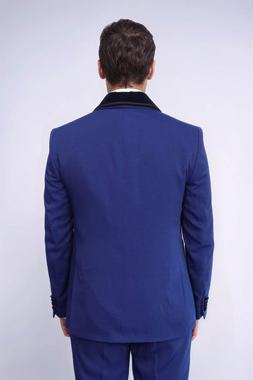 Title 3 Piece Trim Detailed Self-Patterned Velvet Shawl Collar Royal Blue Men's Tuxedo - Wessi