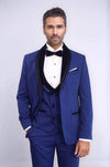 Title 3 Piece Trim Detailed Self-Patterned Velvet Shawl Collar Royal Blue Men's Tuxedo - Wessi