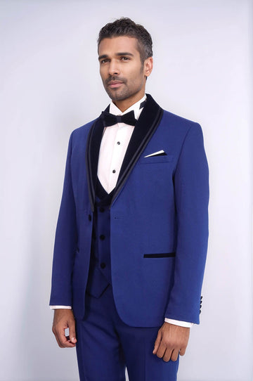 Title 3 Piece Trim Detailed Self-Patterned Velvet Shawl Collar Royal Blue Men's Tuxedo - Wessi