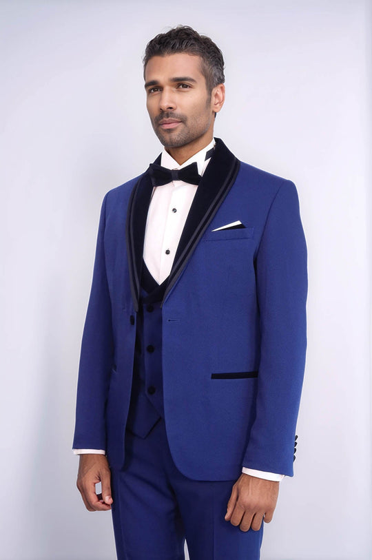 Title 3 Piece Trim Detailed Self-Patterned Velvet Shawl Collar Royal Blue Men's Tuxedo - Wessi