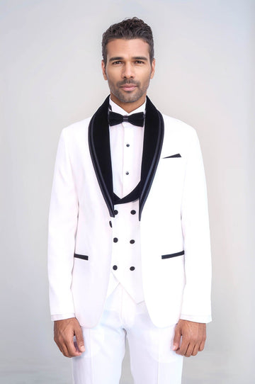 White 3-Piece Velvet Shawl Collar Tuxedo | Wessi