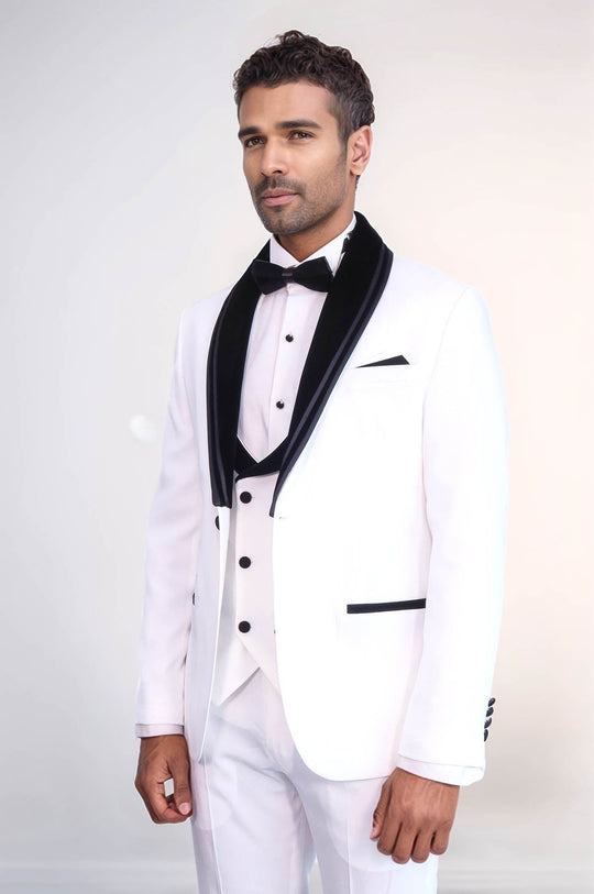 White 3-Piece Velvet Shawl Collar Tuxedo | Wessi