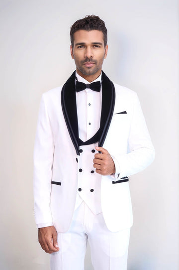 White 3-Piece Velvet Shawl Collar Tuxedo | Wessi