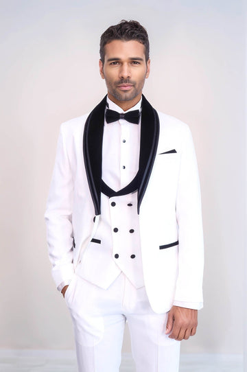 White 3-Piece Velvet Shawl Collar Tuxedo | Wessi
