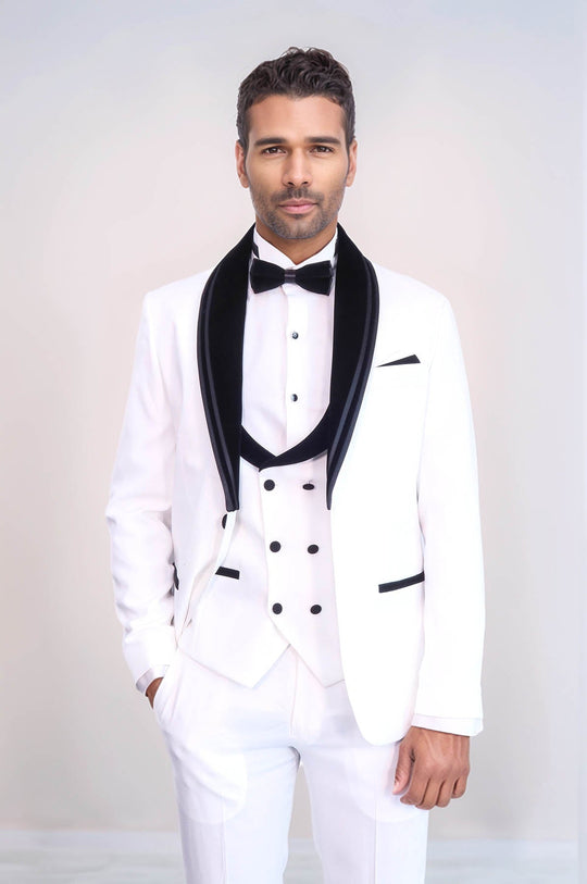 White 3-Piece Velvet Shawl Collar Tuxedo | Wessi