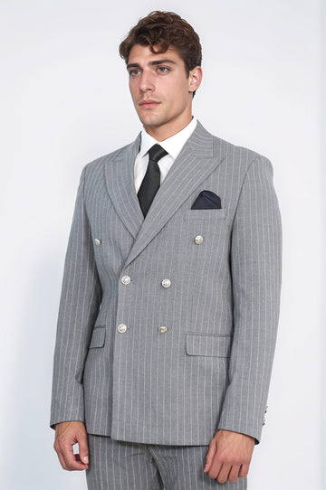 Men's Grey Pinstripe Double-Breasted Suit with Silver-Tone Buttons