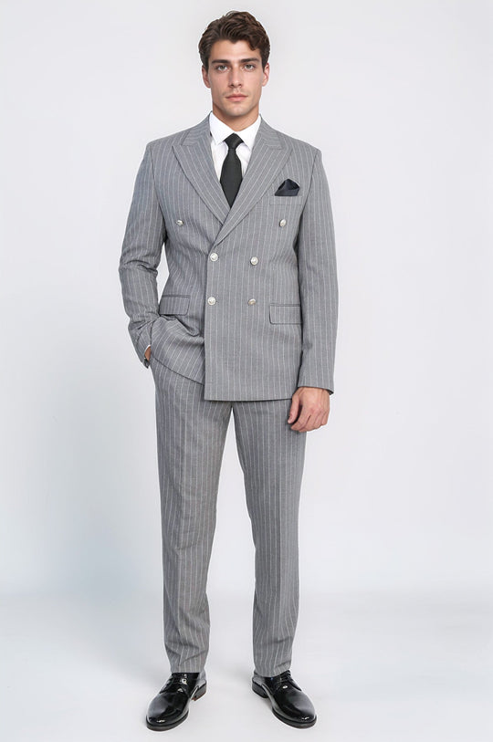 Men's Grey Pinstripe Double-Breasted Suit with Silver-Tone Buttons
