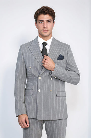 Men's Grey Pinstripe Double-Breasted Suit with Silver-Tone Buttons