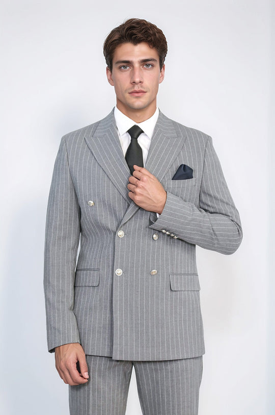 Men's Grey Pinstripe Double-Breasted Suit with Silver-Tone Buttons