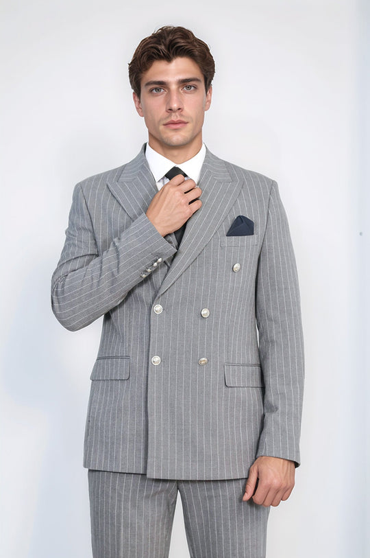 Men's Grey Pinstripe Double-Breasted Suit with Silver-Tone Buttons