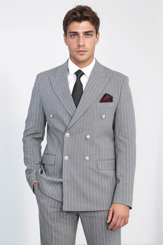 Men's Grey Pinstripe Double-Breasted Suit with Silver-Tone Buttons