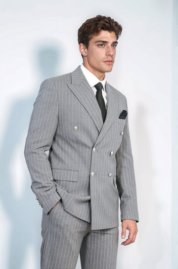 Men's Grey Pinstripe Double-Breasted Suit with Silver-Tone Buttons