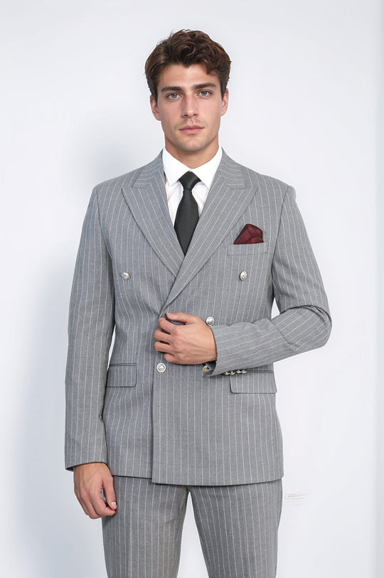 Men's Grey Pinstripe Double-Breasted Suit with Silver-Tone Buttons