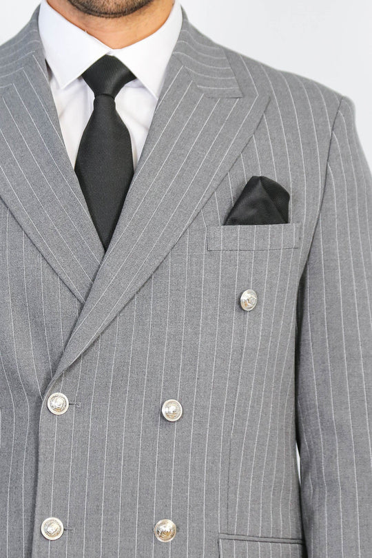 Men's Grey Pinstripe Double-Breasted Suit with Silver-Tone Buttons