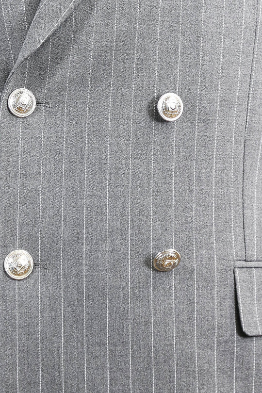 Men's Grey Pinstripe Double-Breasted Suit with Silver-Tone Buttons