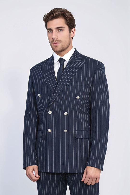Men's Navy Blue Pinstripe Double-Breasted Suit with Silver Buttons