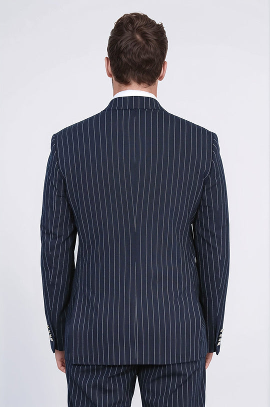 Men's Navy Blue Pinstripe Double-Breasted Suit with Silver Buttons