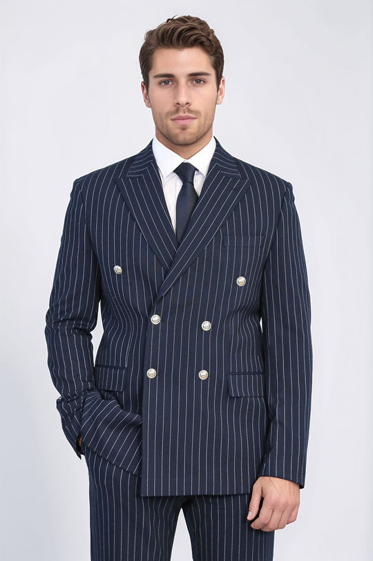 Men's Navy Blue Pinstripe Double-Breasted Suit with Silver Buttons