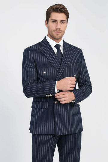 Men's Navy Blue Pinstripe Double-Breasted Suit with Silver Buttons