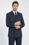Men's Navy Blue Pinstripe Double-Breasted Suit with Silver Buttons