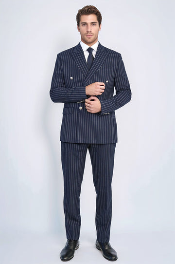 Men's Navy Blue Pinstripe Double-Breasted Suit with Silver Buttons