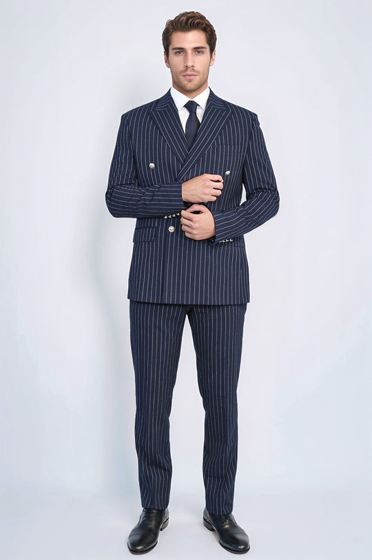 Men's Navy Blue Pinstripe Double-Breasted Suit with Silver Buttons