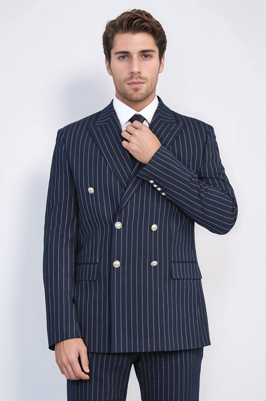 Men's Navy Blue Pinstripe Double-Breasted Suit with Silver Buttons