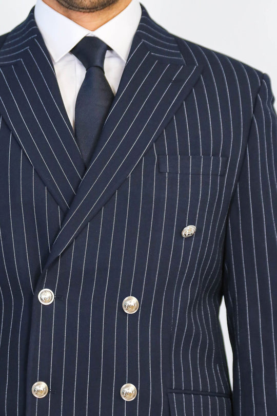 Men's Navy Blue Pinstripe Double-Breasted Suit with Silver Buttons