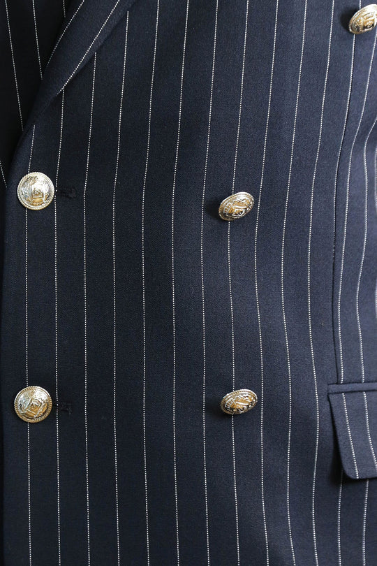 Men's Navy Blue Pinstripe Double-Breasted Suit with Silver Buttons