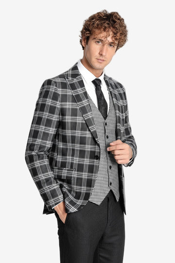 Men's Black Windowpane Check 3-Piece Slim Fit Combination Suit