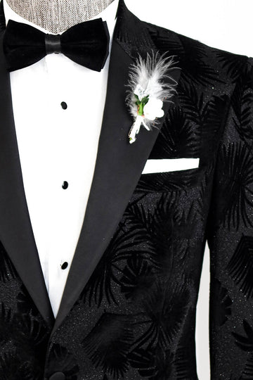 Men’s Midnight Black Shiny Leaf Jacquard Slim Fit Peak Lapel Dinner Jacket