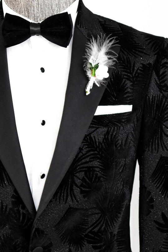 Men’s Midnight Black Shiny Leaf Jacquard Slim Fit Peak Lapel Dinner Jacket