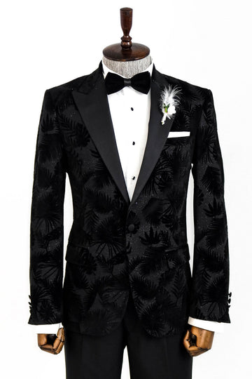 Men’s Midnight Black Shiny Leaf Jacquard Slim Fit Peak Lapel Dinner Jacket