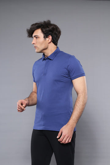 Men's Indigo Blue Plain Slim Fit Polo T-Shirt | Wessi